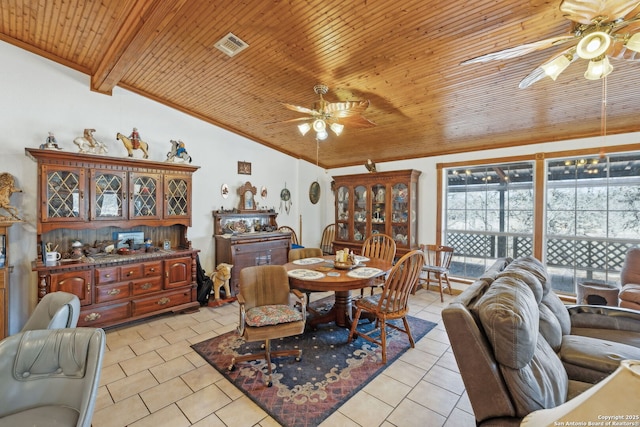 tiled dining room with ceiling fan, wooden ceiling, and vaulted ceiling with beams