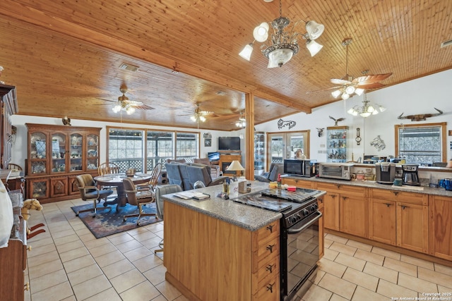 kitchen with light tile patterned floors, wooden ceiling, a center island, and black appliances