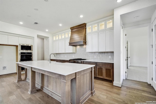 228 Dulce, Boerne, TX 78006 - kitchen featuring premium range hood, appliances with stainless steel finishes, a sink, light wood-style flooring, and recessed lighting