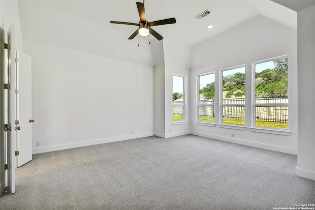 228 Dulce, Boerne, TX 78006 - carpeted spare room featuring baseboards, a ceiling fan, vaulted ceiling, and recessed lighting