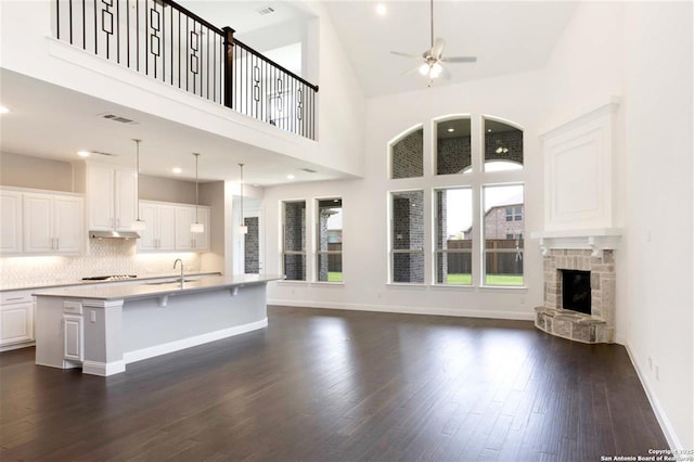 228 Dulce, Boerne, TX 78006 - unfurnished living room with a sink, ceiling fan, dark wood-style flooring, a fireplace, and a high ceiling