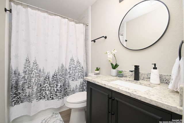 bathroom with toilet, vanity, and hardwood / wood-style floors