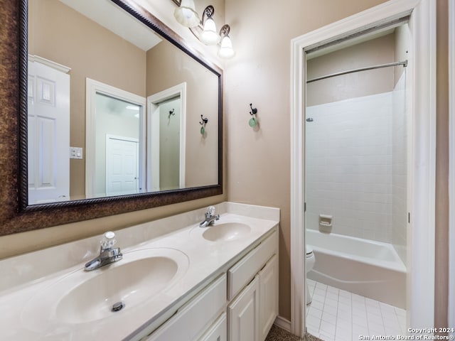 full bathroom featuring toilet, vanity, shower / tub combination, and tile patterned floors