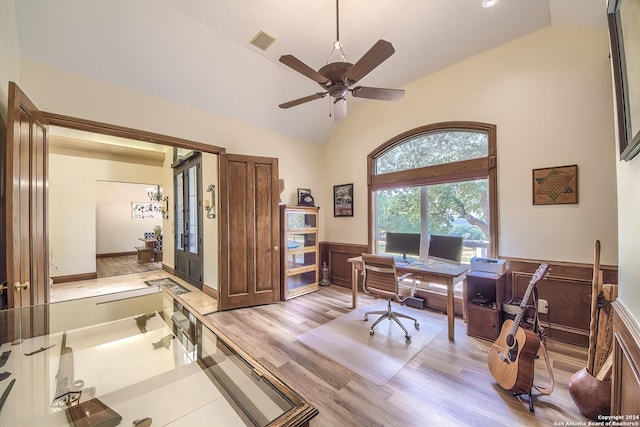 office with ceiling fan, lofted ceiling, and light hardwood / wood-style floors