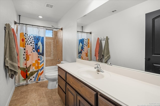 full bathroom featuring toilet, vanity, and shower / bathtub combination with curtain