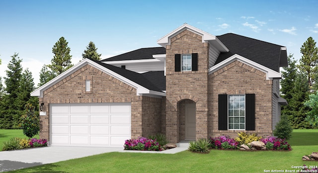 traditional home featuring an attached garage, driveway, a front lawn, and brick siding