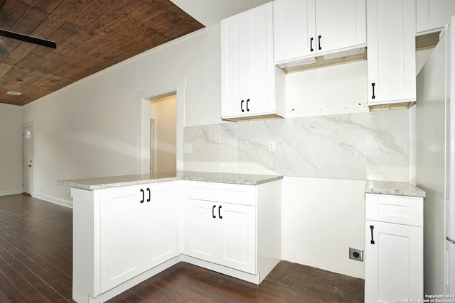 kitchen featuring light stone counters, wood ceiling, kitchen peninsula, dark hardwood / wood-style floors, and white cabinetry