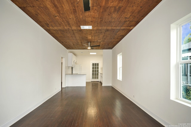 spare room with ornamental molding, ceiling fan, wooden ceiling, and dark hardwood / wood-style floors