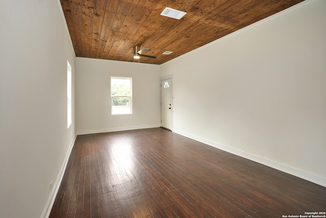 unfurnished room featuring ornamental molding, dark wood-type flooring, ceiling fan, and wood ceiling