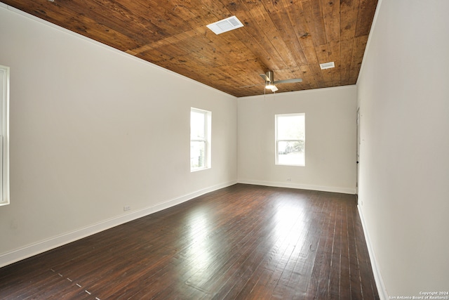 unfurnished room with ceiling fan, wood ceiling, dark hardwood / wood-style flooring, and crown molding