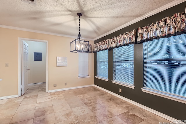 unfurnished dining area featuring electric panel, a textured ceiling, a notable chandelier, and ornamental molding