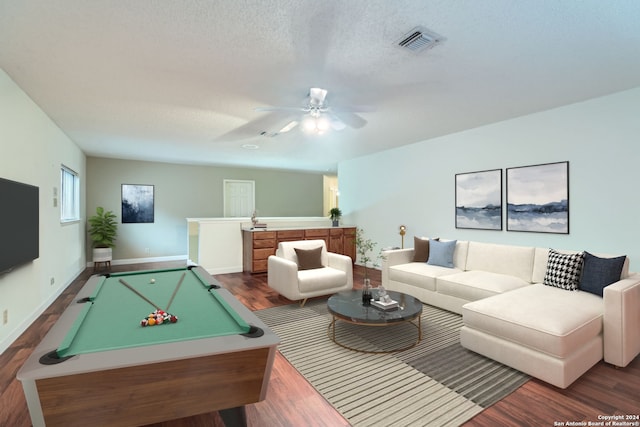 rec room featuring dark hardwood / wood-style flooring, a textured ceiling, ceiling fan, and billiards