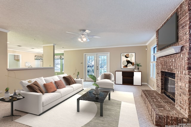 carpeted living room featuring a brick fireplace, a textured ceiling, crown molding, and ceiling fan