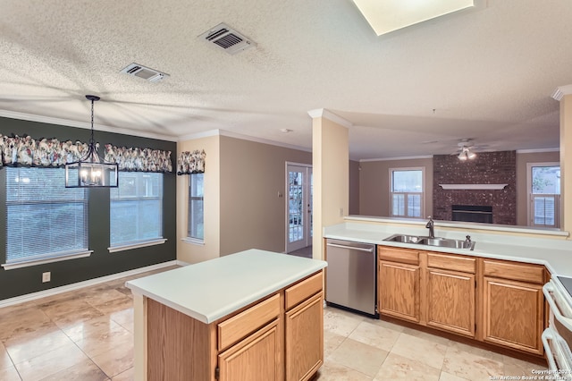 kitchen with crown molding, stainless steel dishwasher, and sink