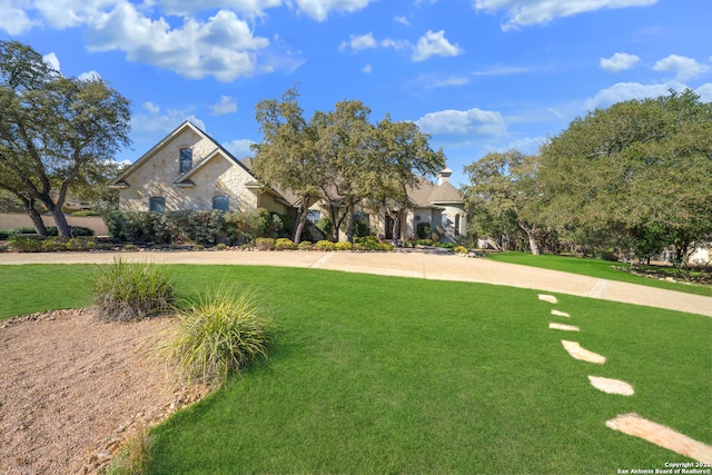 view of property hidden behind natural elements featuring a front lawn