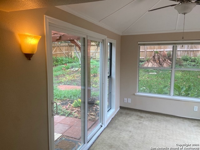 doorway featuring ceiling fan, a healthy amount of sunlight, carpet floors, and ornamental molding