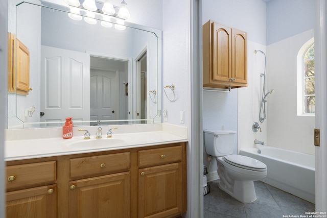 bathroom with tile patterned floors, shower / bathtub combination, toilet, and vanity