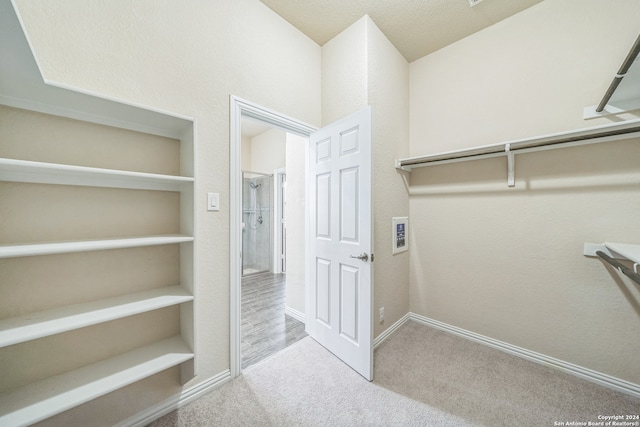 walk in closet featuring light colored carpet