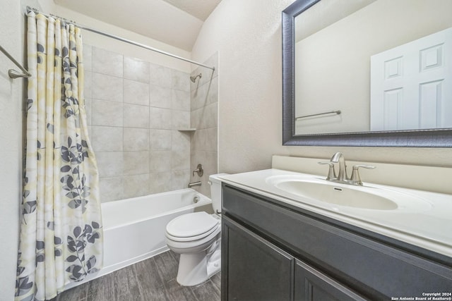 12009 Vignette, Schertz, TX 78154 - bathroom featuring toilet, wood finished floors, vanity, shower / bath combo, and a textured wall