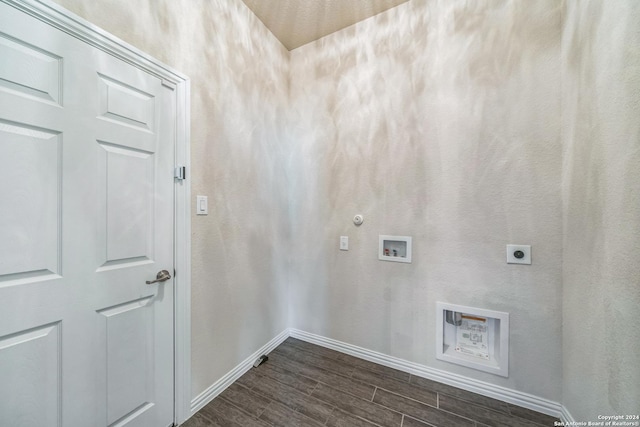 12009 Vignette, Schertz, TX 78154 - laundry area with electric dryer hookup, baseboards, washer hookup, dark wood-style flooring, and hookup for a gas dryer