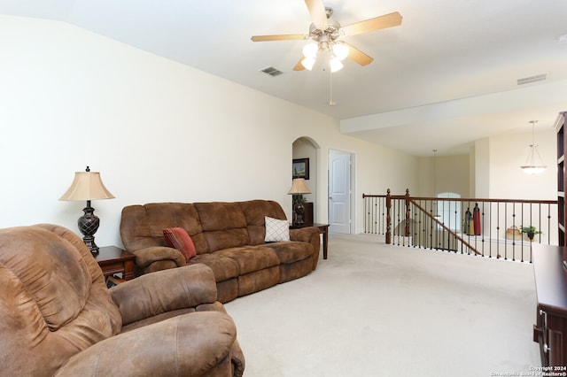 living room featuring ceiling fan and carpet floors