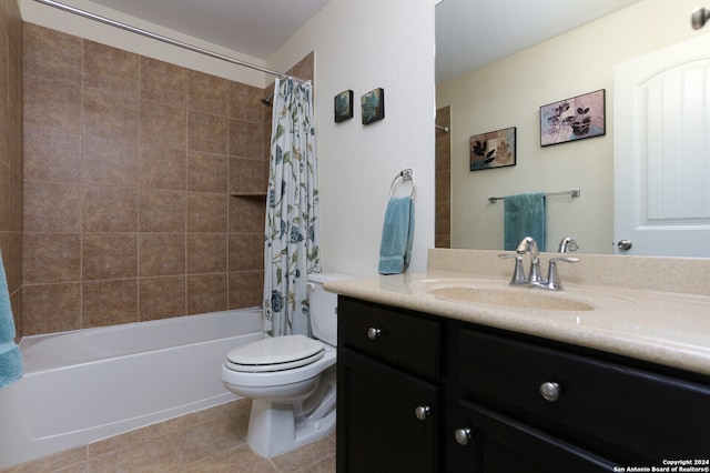 full bathroom with toilet, vanity, shower / bath combination with curtain, and tile patterned flooring