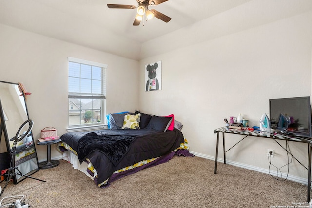 bedroom with ceiling fan and carpet floors