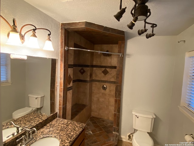 bathroom featuring toilet, vanity, and tiled shower