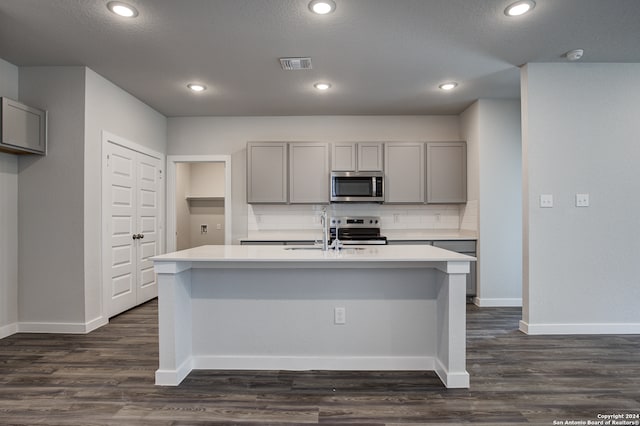 kitchen with gray cabinetry, sink, a kitchen island with sink, and appliances with stainless steel finishes