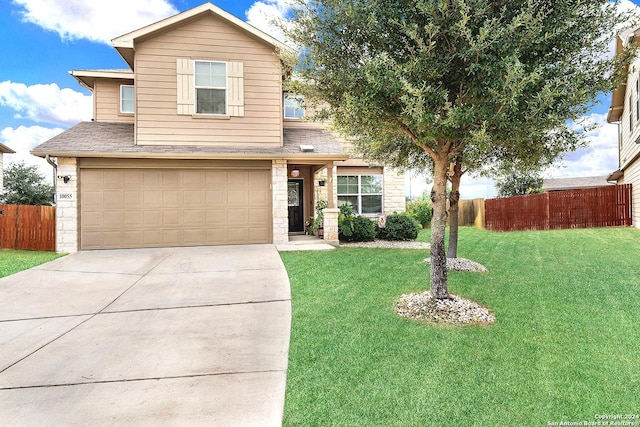 10055 Strasbourg Way, Schertz, TX 78154 - traditional-style home with a garage, driveway, stone siding, and a shingled roof
