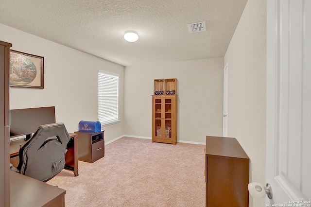 office featuring light colored carpet and a textured ceiling