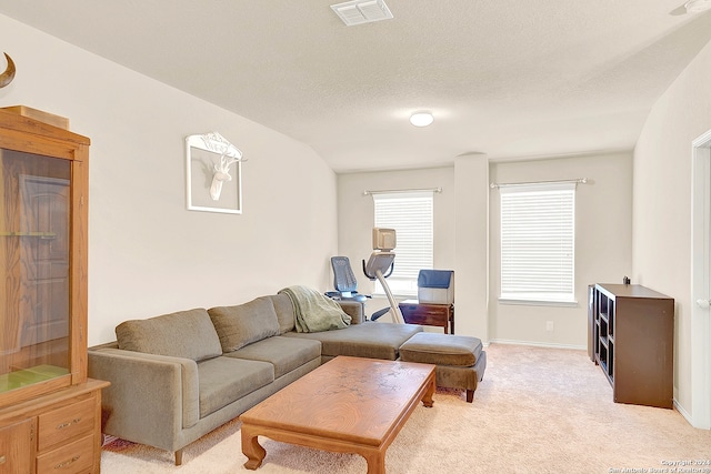 living room with lofted ceiling, a textured ceiling, and light carpet