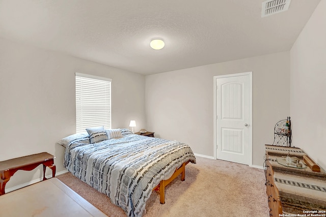 carpeted bedroom with a textured ceiling