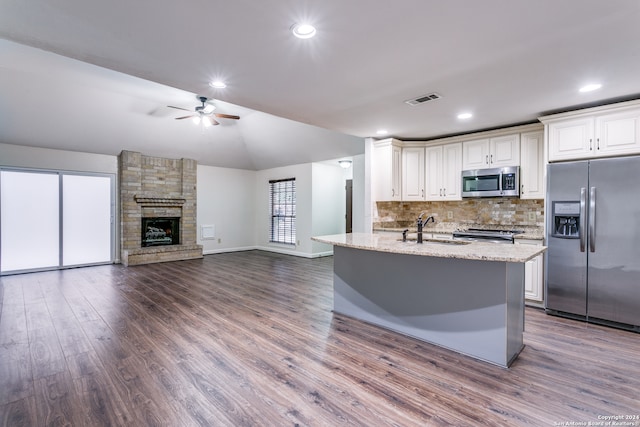 kitchen with stainless steel appliances, dark wood-type flooring, vaulted ceiling, sink, and a fireplace