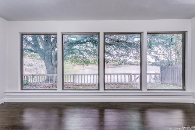 unfurnished room featuring a water view, hardwood / wood-style floors, and plenty of natural light