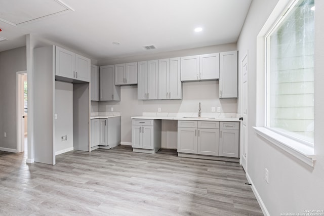 kitchen featuring gray cabinets, light hardwood / wood-style flooring, and sink