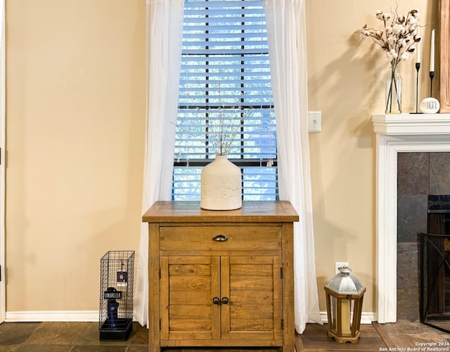 interior details featuring a fireplace