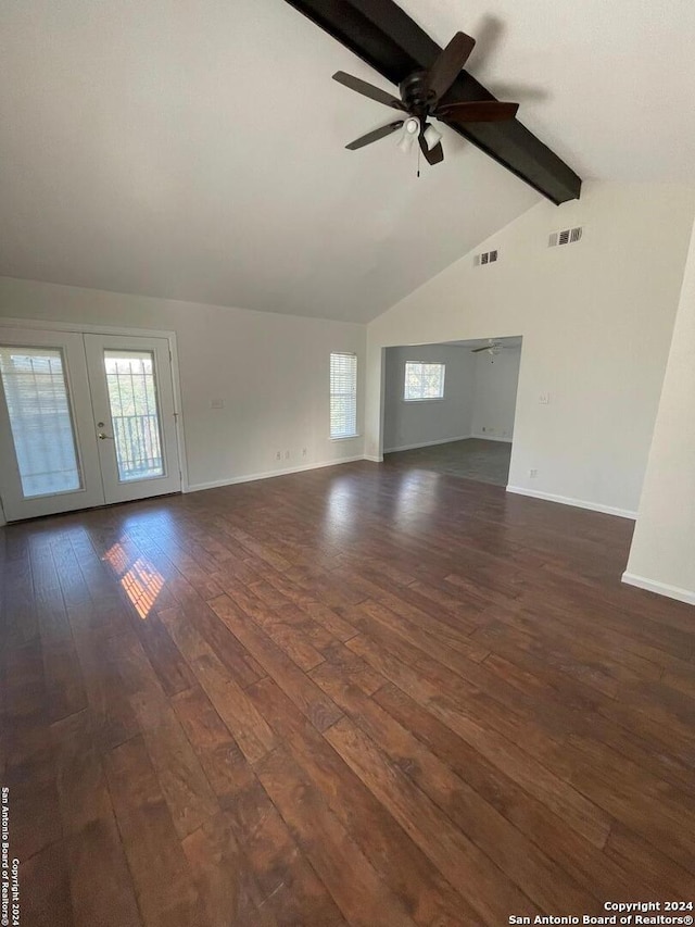 unfurnished living room featuring french doors, vaulted ceiling with beams, dark hardwood / wood-style floors, and ceiling fan