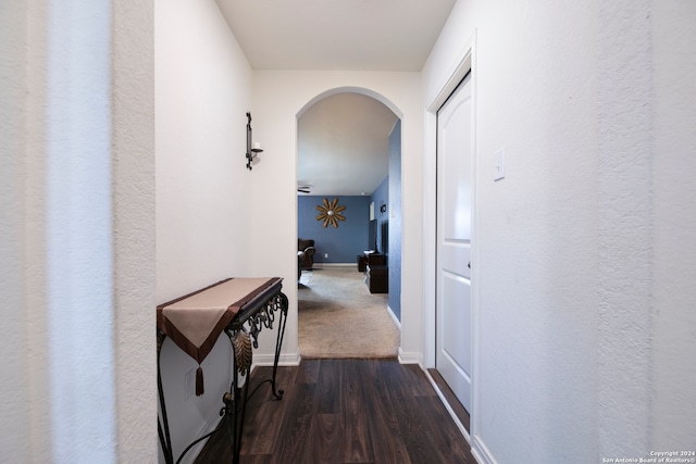 corridor featuring dark wood-type flooring