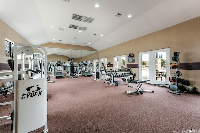 gym featuring vaulted ceiling