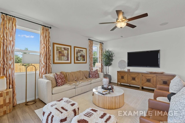 living room with ceiling fan, plenty of natural light, and light hardwood / wood-style flooring