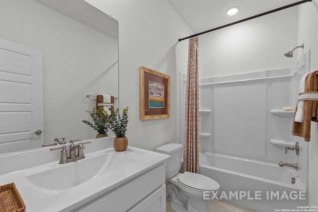 full bathroom with shower / bathtub combination with curtain, vanity, and toilet