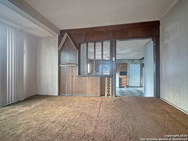 unfurnished living room with wood walls, a textured ceiling, and carpet floors