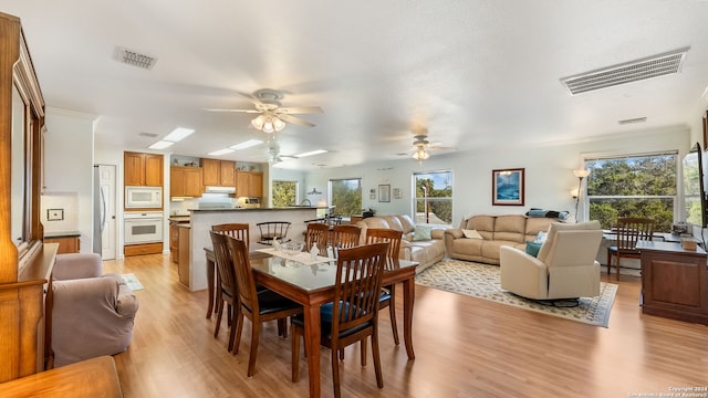 dining space with ceiling fan, light wood-type flooring, and crown molding