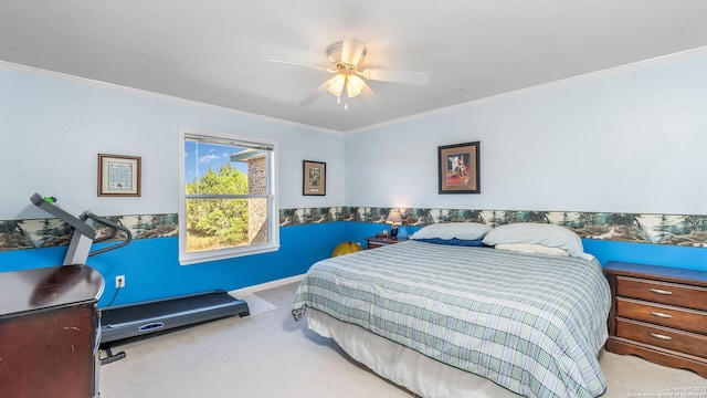 carpeted bedroom with ceiling fan and ornamental molding