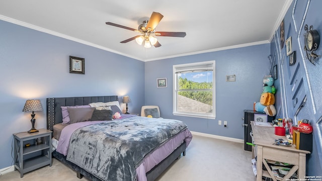 bedroom featuring ceiling fan, crown molding, and carpet floors