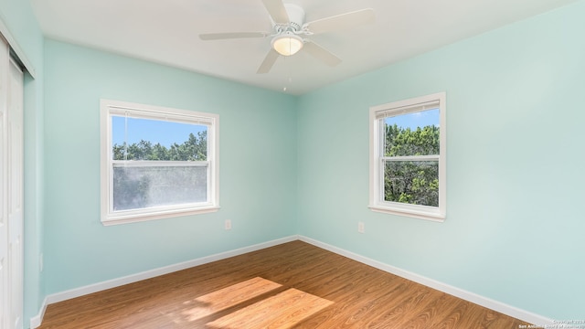 empty room featuring a wealth of natural light, ceiling fan, and light hardwood / wood-style flooring