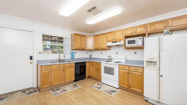 kitchen featuring light wood-type flooring, white appliances, sink, and ornamental molding