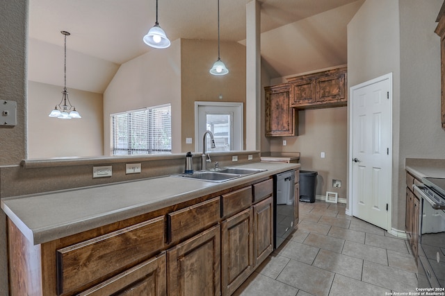 kitchen featuring black dishwasher, stainless steel electric range oven, hanging light fixtures, sink, and vaulted ceiling