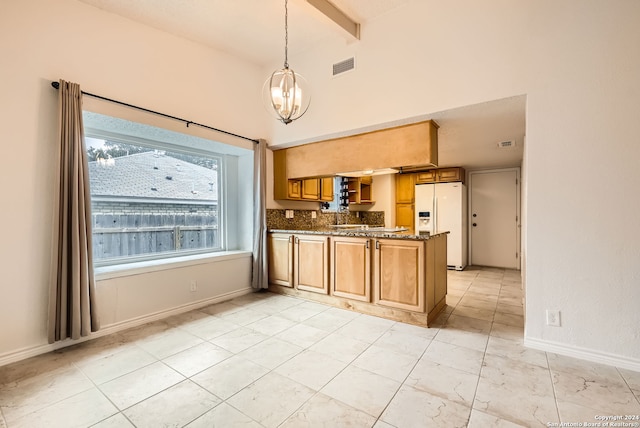 kitchen with kitchen peninsula, pendant lighting, an inviting chandelier, vaulted ceiling with beams, and white fridge with ice dispenser